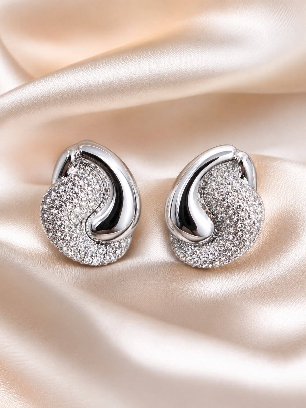 Anthropologie Contrast Curved Teardrop Post Earrings Silver Crystal Pave